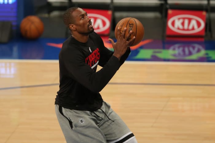 Jan 31, 2021; New York, New York, USA; LA Clippers center Serge Ibaka (9) warms up before a game against the New York Knicks at Madison Square Garden. Mandatory Credit: Brad Penner-USA TODAY Sports